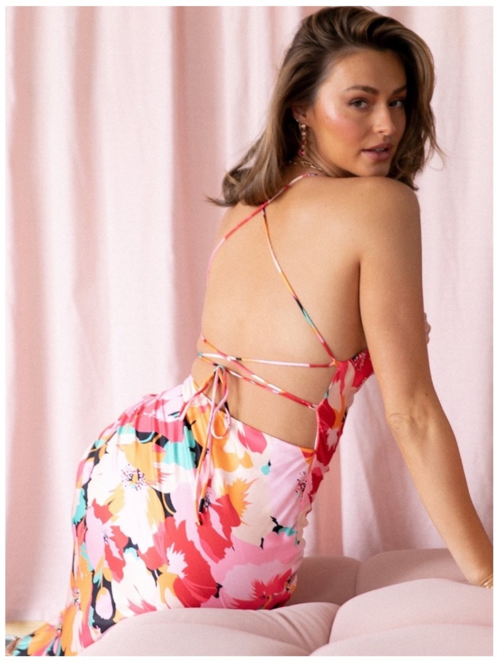 Petal & Pup Floral Satin Posse Cowl Neck Midi Slip Dress Pink Medium - Picture 2 of 9